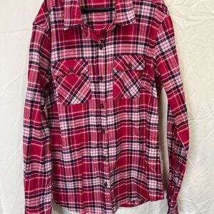 Eddie Bauer Red and Pink Plaid Women's Button-Up Shirt, Size XS